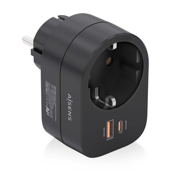 Aisens Multiprise Murale Multifonction avec 1 Prise + 1xUSB-C 20W PD3.0 - 1xUSB-A 20W QC3.0 - Noir