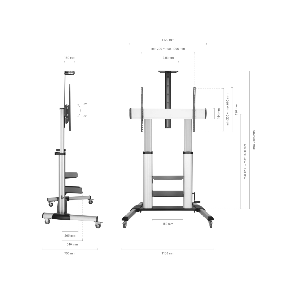 Aisens PRO Support de Sol avec Roues et Manivelle - Plateau DVD et Support Caméra pour Moniteur/TV - Jusqu'à 100Kg - De 60 à 100 Pouces - Couleur Noir/Argent