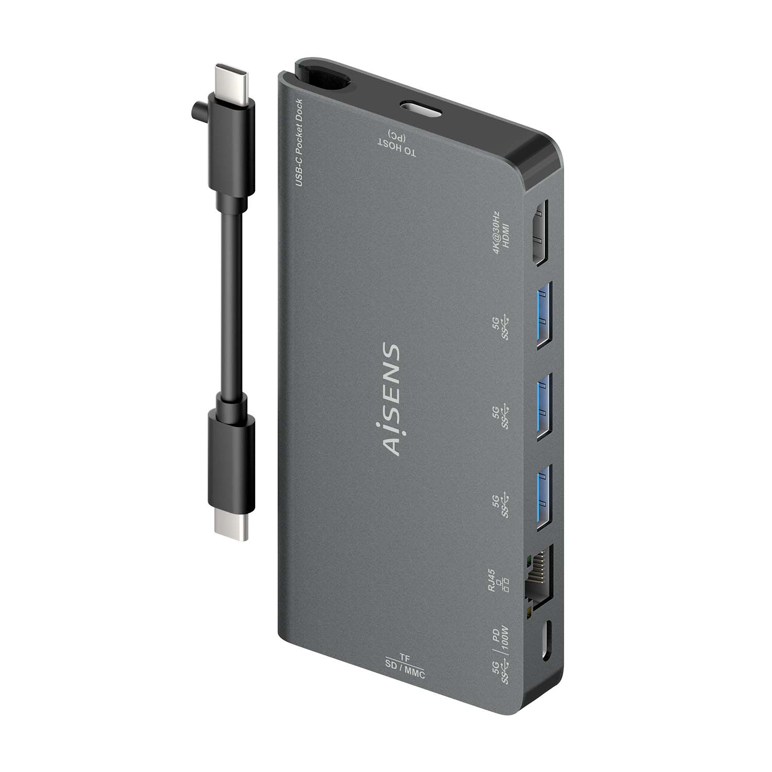 Aisens USB-C Dock 8 en 1 - USB-C vers 1xHDMI - 1xRJ45 - 3xUSB-A - 1xUSB-C Data+PD - 1xSD - 1xMicro SD - 10cm - Couleur Gris