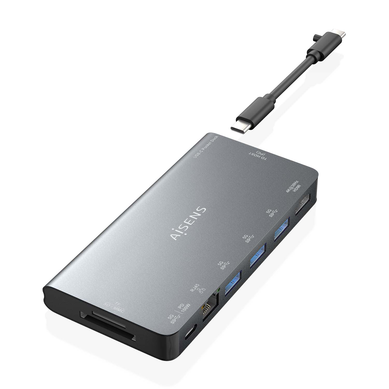 Aisens USB-C Dock 8 en 1 - USB-C vers 1xHDMI - 1xRJ45 - 3xUSB-A - 1xUSB-C Data+PD - 1xSD - 1xMicro SD - 10cm - Couleur Gris