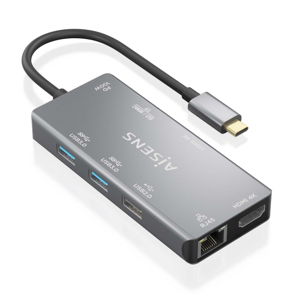 Aisens USB-C Dock 9 en 1 - USB-C vers 2xHDMI - 1xRJ45 - 2xUSB-A USB3.0 - 1xUSB-A USB2.0 - 1xUSB-C PD - 1xSD - 1xMicro SD - 15cm - Couleur Gris