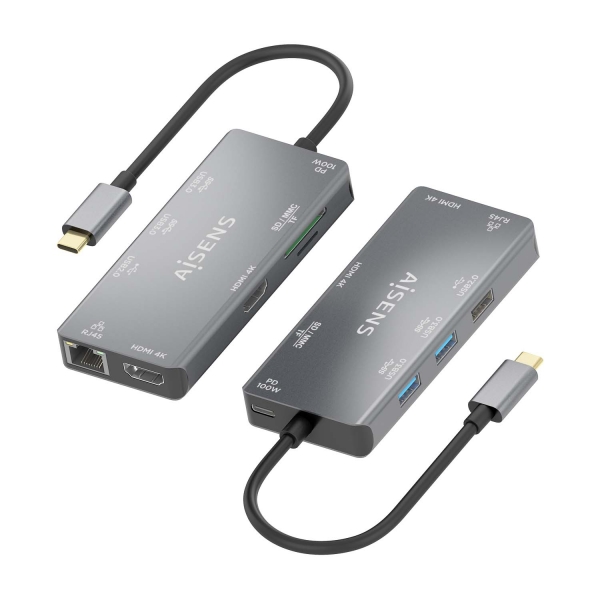 Aisens USB-C Dock 9 en 1 - USB-C vers 2xHDMI - 1xRJ45 - 2xUSB-A USB3.0 - 1xUSB-A USB2.0 - 1xUSB-C PD - 1xSD - 1xMicro SD - 15cm - Couleur Gris