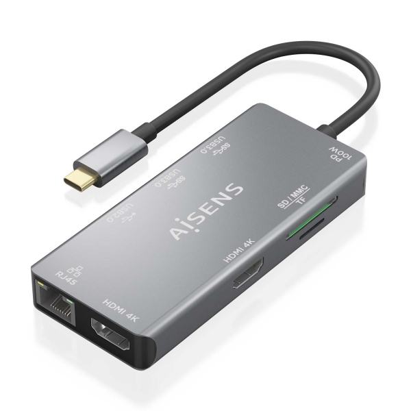 Aisens USB-C Dock 9 en 1 - USB-C vers 2xHDMI - 1xRJ45 - 2xUSB-A USB3.0 - 1xUSB-A USB2.0 - 1xUSB-C PD - 1xSD - 1xMicro SD - 15cm - Couleur Gris