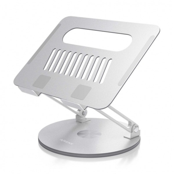 Aisens XL Support de Bureau Rotatif et Ajustable pour Ordinateur Portable ou Tablette - Alliage d'Aluminium - Rotation 360° - Pliable et Compact - Antidérapant - Compatible 10-17" - Couleur Argent