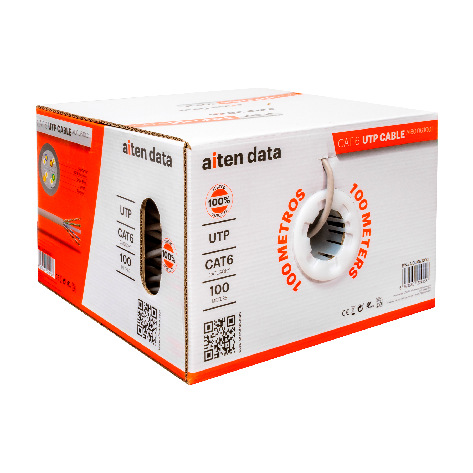 Aiten Data Network Cable Patch Cord Cat.6 UTP AWG23 - Longueur 100m - Couleur Gris