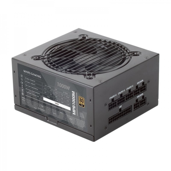 Alimentation Mars Gaming MPB1000M - 1000W - 80 PLUS Gold - Entièrement modulaire - AI-RPM ultra-silencieux - Protection avancée - Câbles extra-plats - Couleur Noir