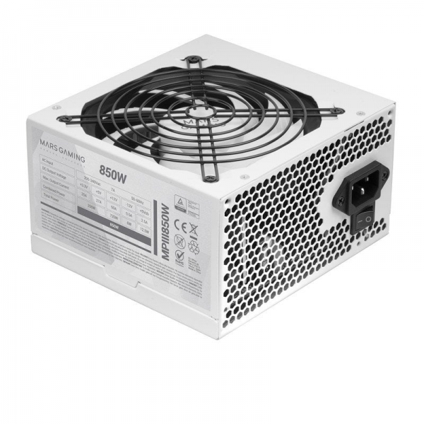 Alimentation Mars Gaming MPIII850 - 850 W - Efficacité APFC NUMÉRIQUE 99 % - Fonctionnement silencieux AI-RPM - Câbles plats extra longs - Protection avancée - Couleur blanche