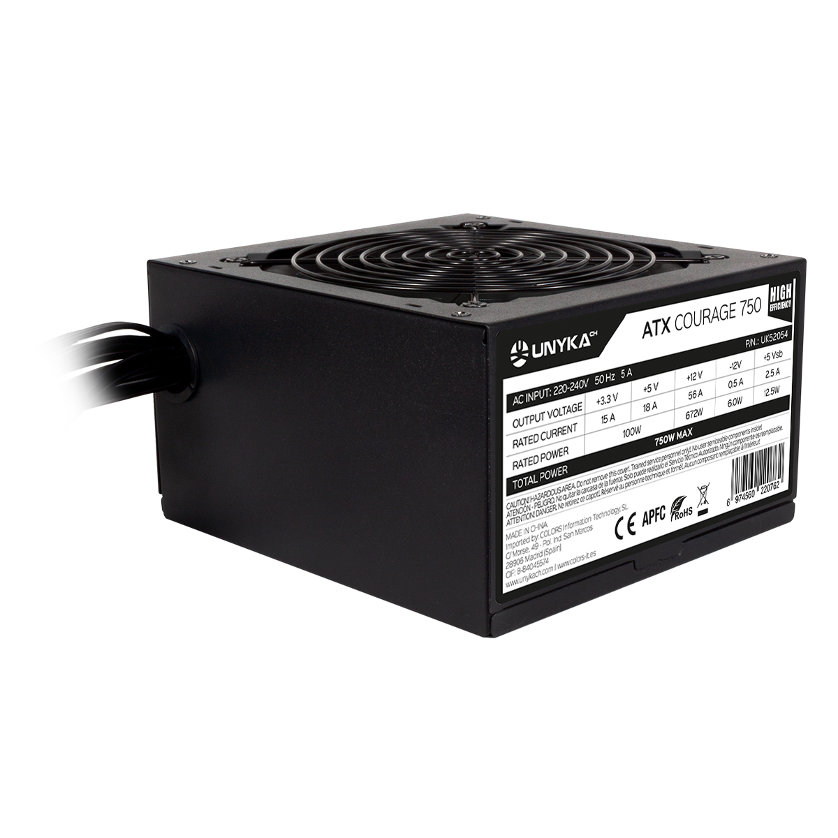 Alimentation Unykach ATX Courage II 750 W - PFC actif - Haute efficacité - Ventilateur 120 mm