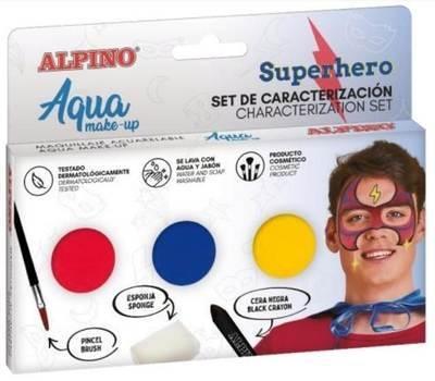 Alpino Aqua Make Up Coffret de Caractérisation de Super-Héros - 3 Compacts + Cire Noire + Pinceau + Éponge