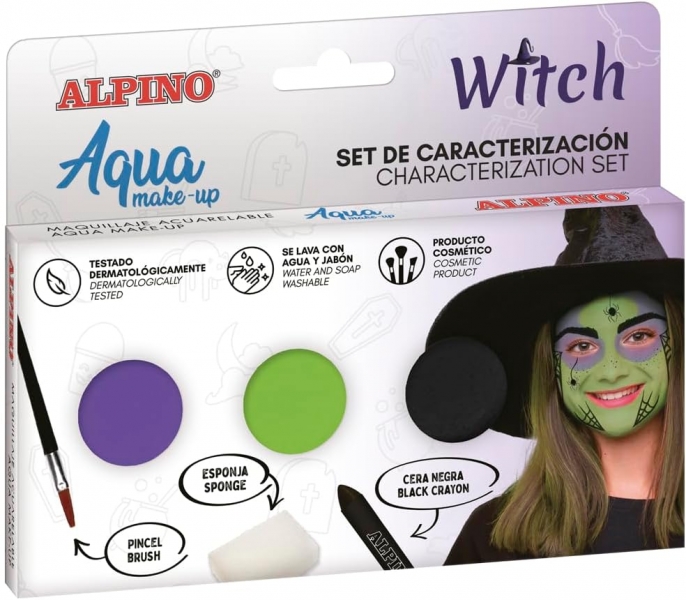 Alpino Aqua Make Up Witch Caractérisation Set - 3 Compacts + Cire Noire + Pinceau + Éponge