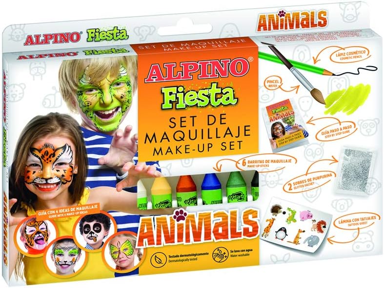 Alpino Fiesta Animals Pack de Maquillage avec 6 Bâtons de Peinture pour le Visage + Pinceau + Autocollants Tatouages + Stylo Eyeliner et 2 Enveloppes Paillettes - Se Lave à l'Eau - Testé Dermatologiquement