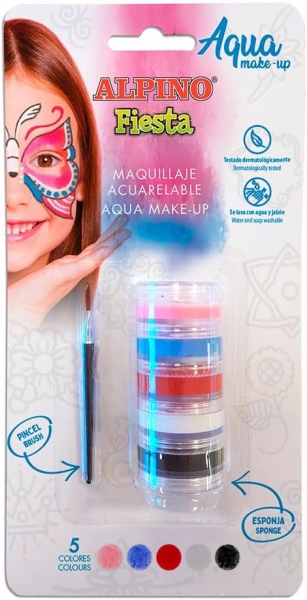 Alpino Fiesta Aqua Make-up Pack tour de maquillage aquarelle pour le visage avec 5 couleurs différentes + pinceau + éponge - Se lave à l'eau et au savon - Testé dermatologiquement - Couleurs assorties