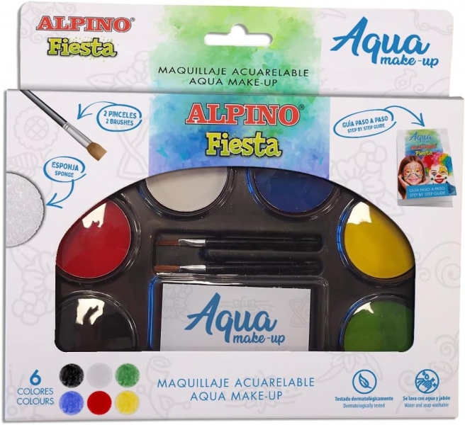 Alpino Fiesta Aqua Pack de Maquillage avec Palette de Maquillage Aquarelle 6 Couleurs + 2 Pinceaux + Éponge et Mode d'emploi - Se Lave à l'Eau et au Savon - Couleurs Assorties