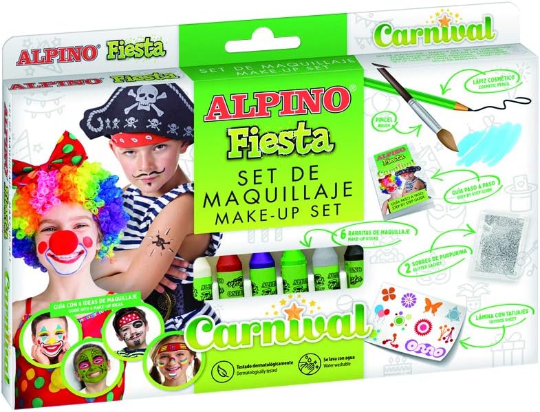 Alpino Fiesta Carnival Pack de Maquillage avec 6 Bâtons de Peinture pour le Visage + Pinceau + Autocollants Tatouages + Stylo Eyeliner et 2 Enveloppes Paillettes - Se Lave à l'Eau - Testé Dermatologiquement