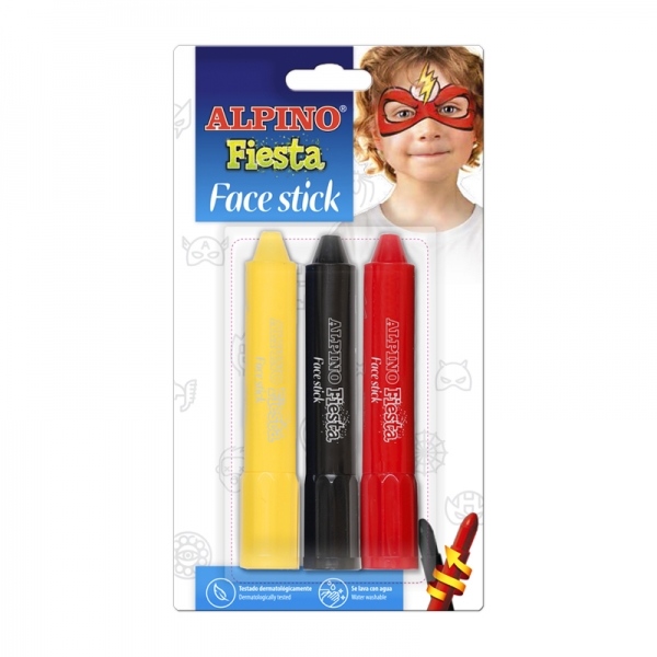 Alpino Fiesta Face Stick Pack avec 3 bâtons de peinture pour le visage - Système rétractable rotatif - Se lave à l'eau - Testé dermatologiquement