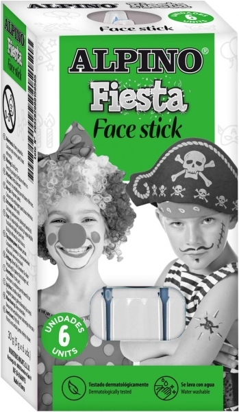 Alpino Fiesta Face Stick Pack avec 6 Bâtons de Peinture pour le Visage - Système Rétractable Rotatif - Se Lave à l'Eau - Testé Dermatologiquement - Couleur Blanc