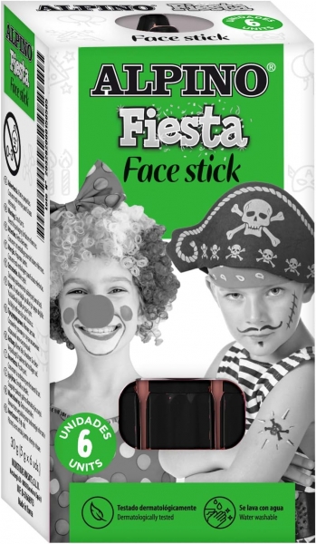 Alpino Fiesta Face Stick Pack avec 6 Bâtons de Peinture pour le Visage - Système Rétractable Rotatif - Se Lave à l'Eau - Testé Dermatologiquement - Couleur Noir