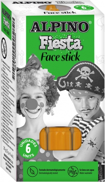 Alpino Fiesta Face Stick Pack avec 6 Bâtons de Peinture pour le Visage - Système Rétractable Rotatif - Se Lave à l'Eau - Testé Dermatologiquement - Couleur Orange