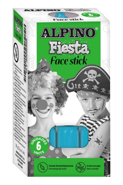 Alpino Fiesta Face Stick Pack avec 6 bâtons de peinture pour le visage - Système rétractable rotatif - Se lave à l'eau - Testé dermatologiquement - Couleur bleu cyan