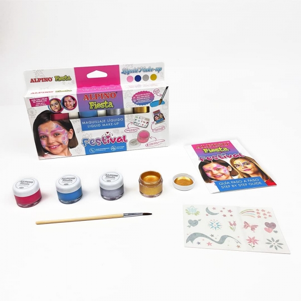 Alpino Fiesta Festival Pack de 4 Flacons de Maquillage Liquide de Différentes Couleurs + Pinceau + Guide d'Idées - Se Lave à l'Eau - Testé Dermatologiquement