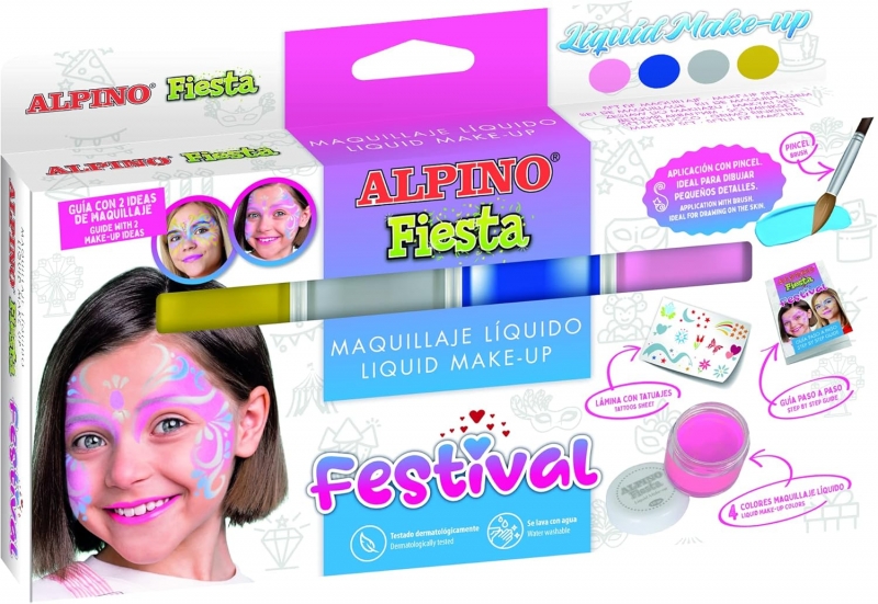 Alpino Fiesta Festival Pack de 4 Flacons de Maquillage Liquide de Différentes Couleurs + Pinceau + Guide d'Idées - Se Lave à l'Eau - Testé Dermatologiquement