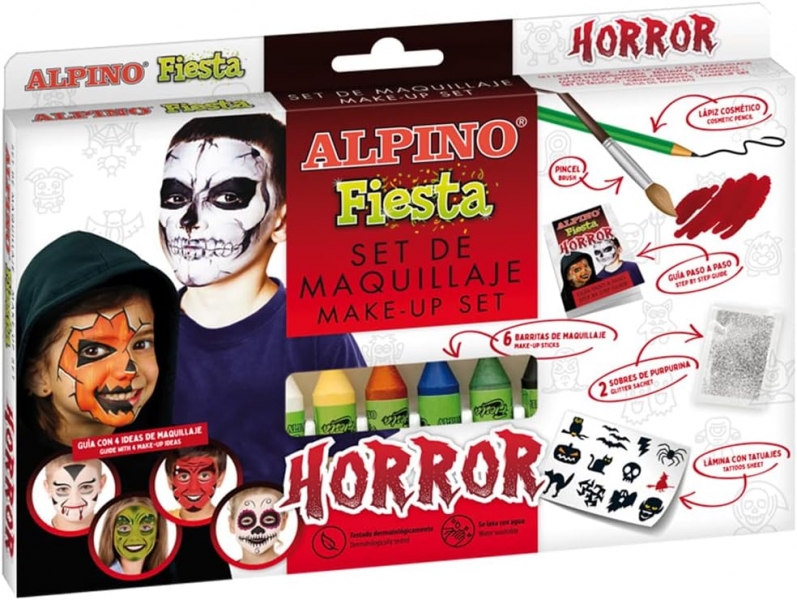 Alpino Fiesta Horror Makeup Pack avec 6 bâtons de peinture pour le visage + pinceau + autocollants tatouages + stylo eye-liner et 2 enveloppes pailletées - Se lave à l'eau - Testé dermatologiquement