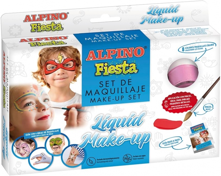 Alpino Fiesta Pack de 8 Flacons de Maquillage Liquide de Différentes Couleurs + Pinceau + Guide d'Idées - Se Lave à l'Eau - Testé Dermatologiquement