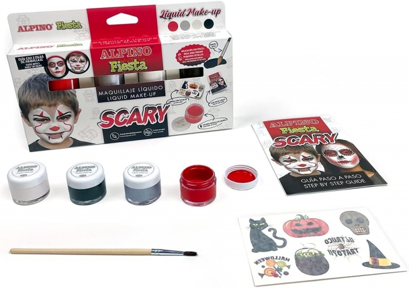 Alpino Fiesta Scary Pack de 4 Flacons de Maquillage Liquide de Différentes Couleurs + Pinceau + Guide d'Idées - Se Lave à l'Eau - Testé Dermatologiquement