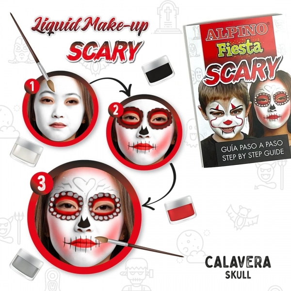 Alpino Fiesta Scary Pack de 4 Flacons de Maquillage Liquide de Différentes Couleurs + Pinceau + Guide d'Idées - Se Lave à l'Eau - Testé Dermatologiquement