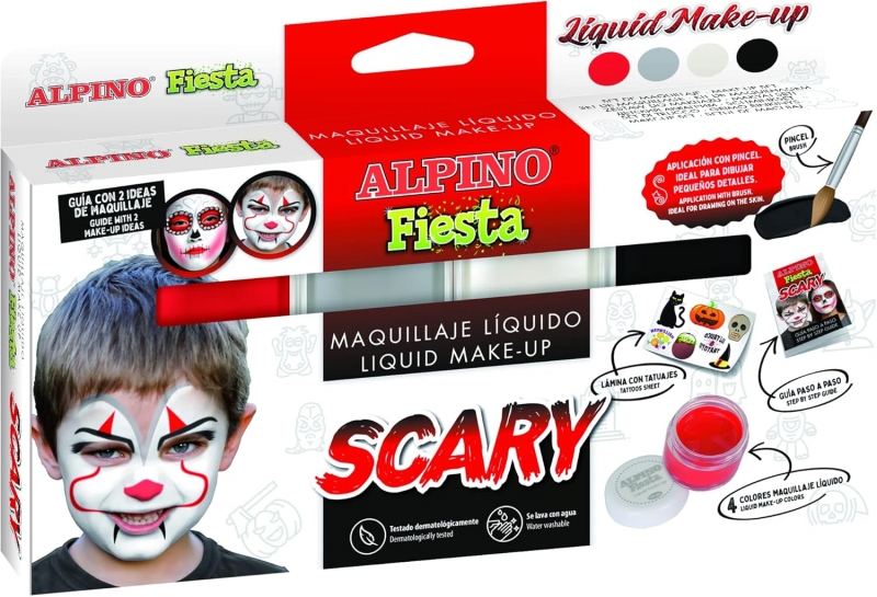 Alpino Fiesta Scary Pack de 4 Flacons de Maquillage Liquide de Différentes Couleurs + Pinceau + Guide d'Idées - Se Lave à l'Eau - Testé Dermatologiquement