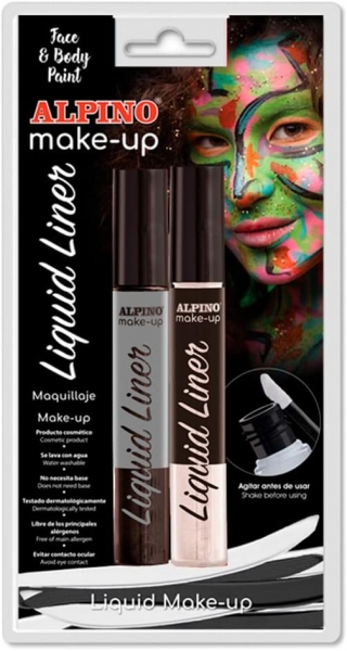 Alpino Make-up Liquid Liner Pack avec 2 flacons de maquillage liquide avec applicateur - Se lave à l'eau - Testé dermatologiquement - Couleurs noir et blanc