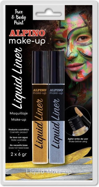 Alpino Make-up Liquid Liner Pack avec 2 Flacons de Maquillage Liquide avec Applicateur - Se Lave à l'Eau - Testé Dermatologiquement - Couleurs Or et Argent