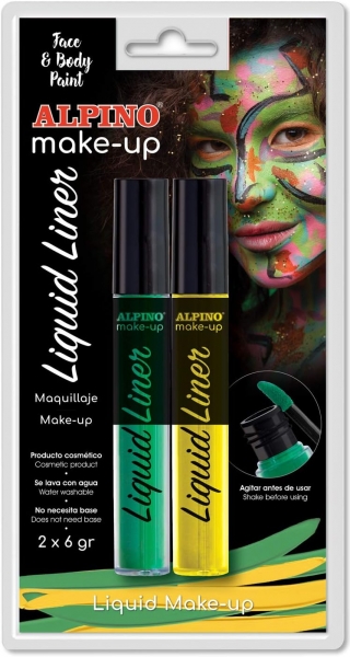 Alpino Make-up Liquid Liner Pack avec 2 Flacons de Maquillage Liquide avec Applicateur - Se Lave à l'Eau - Testé Dermatologiquement - Coloris Jaune et Vert