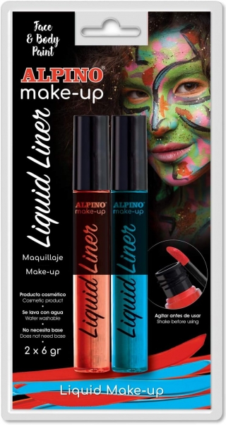 Alpino Make-up Liquid Liner Pack avec 2 flacons de maquillage liquide avec applicateur - Se lave à l'eau - Testé dermatologiquement - Couleurs bleu et rouge