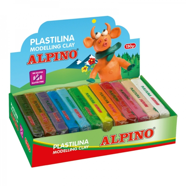 Alpino Présentoir de 12 Tablettes de Pâte à Modeler 150gr - Très Souple - Mélangable - Sans Gluten - Couleurs Assorties