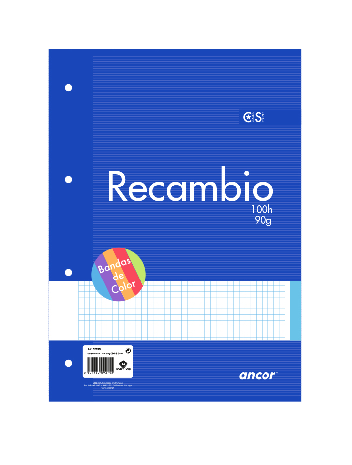 Ancor Recharge de 100 Feuilles 90gr Format A4 Carré 4x4mm - 4 Trous - Bandes de Couleur