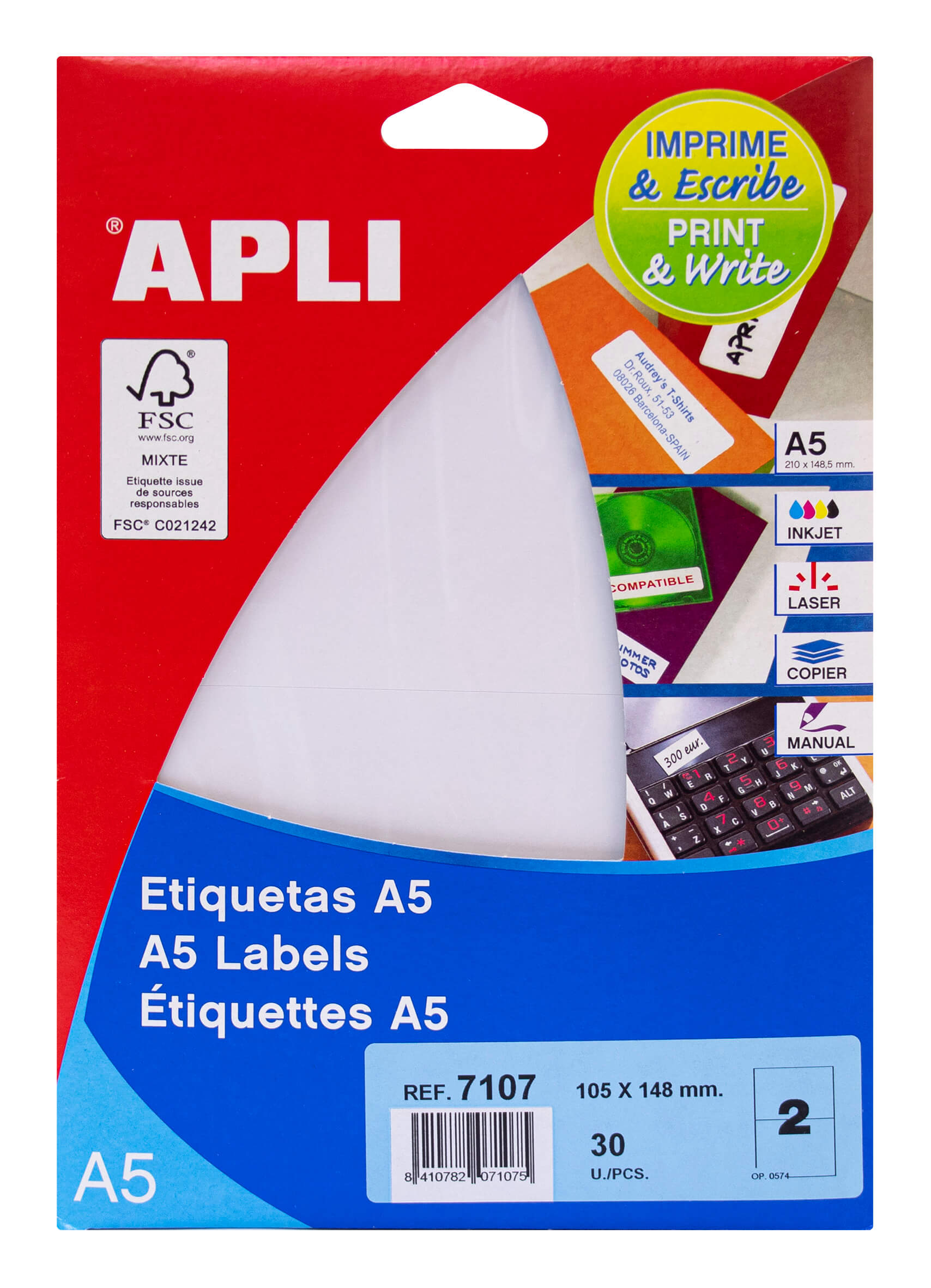 Apli A5 Etiquettes Blanches 105 x 148mm 15 Feuilles