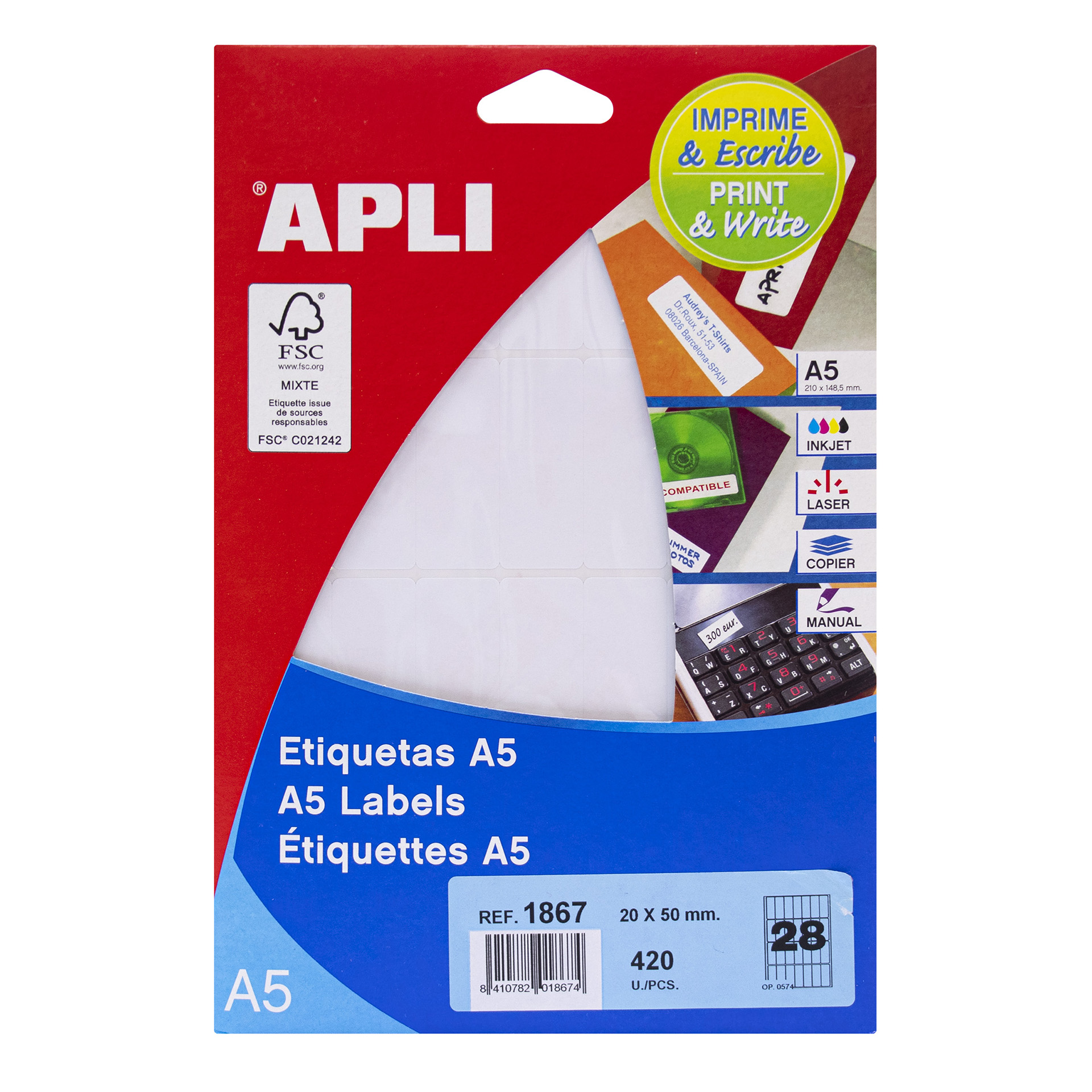 Apli A5 Étiquettes Blanches 20,0 x 50,0 mm 15 Feuilles