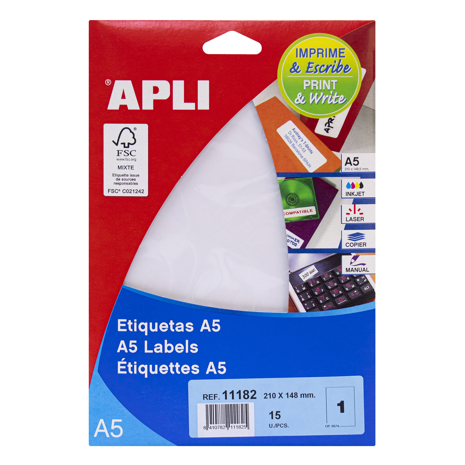 Apli A5 Étiquettes Blanches 210,0 x 148,0 mm 15 Feuilles