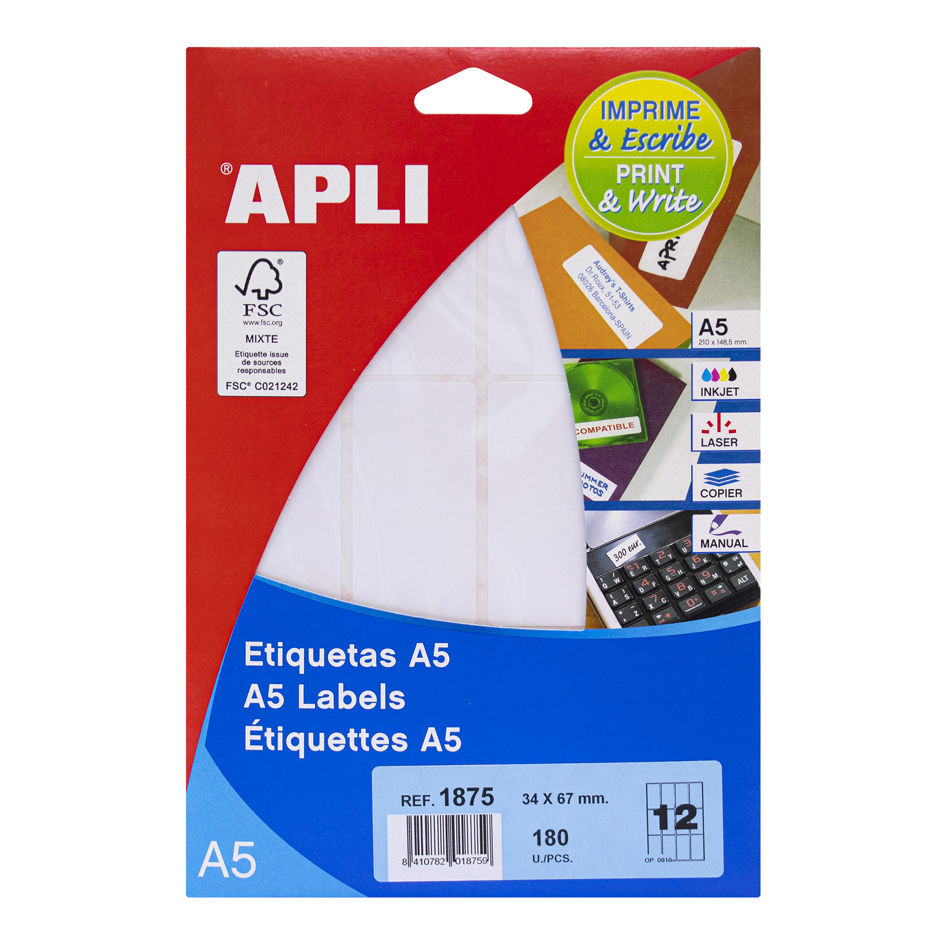 Apli A5 Étiquettes Blanches 34,0 x 67,0 mm 15 Feuilles