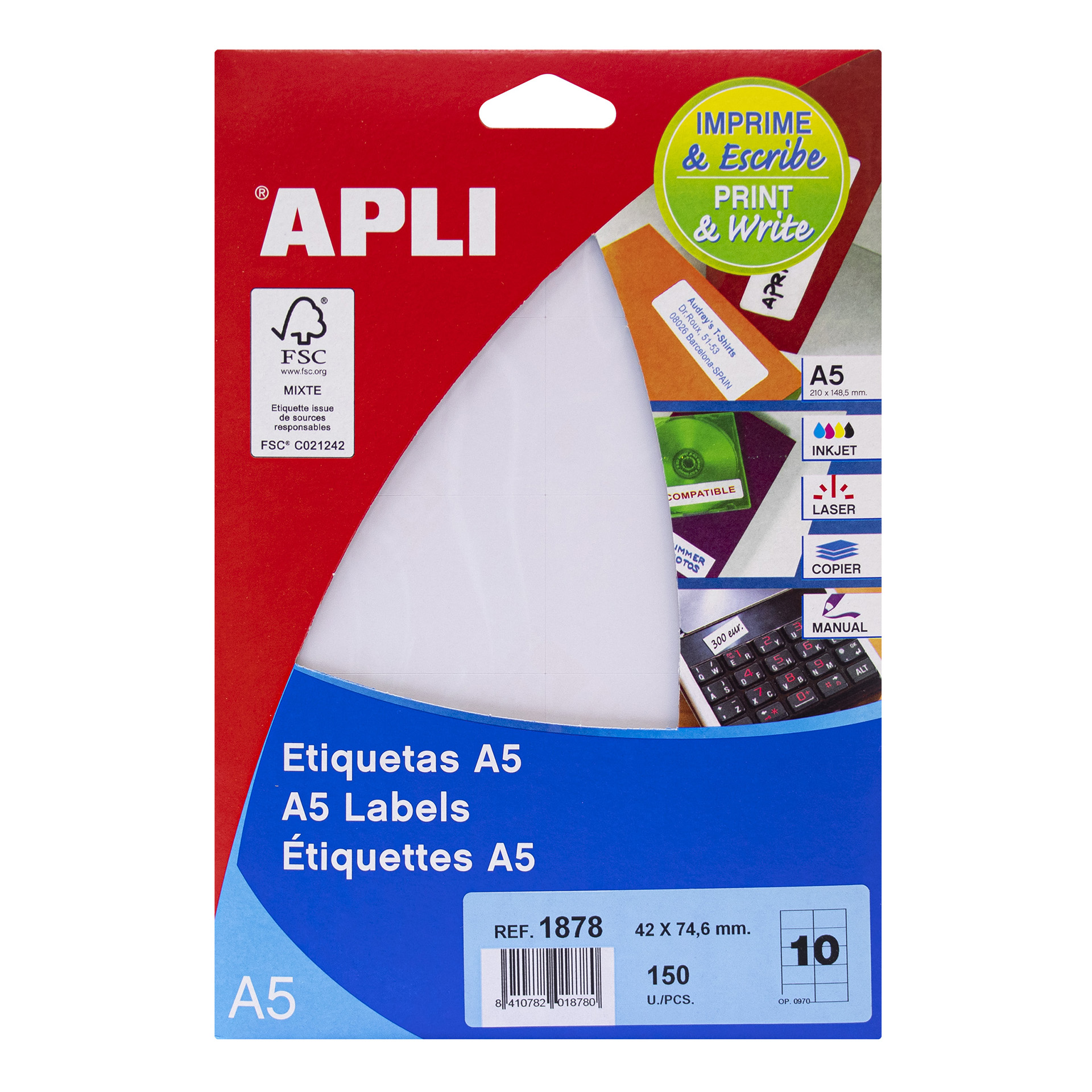 Apli A5 étiquettes blanches 42,0 x 74,6 mm 15 feuilles