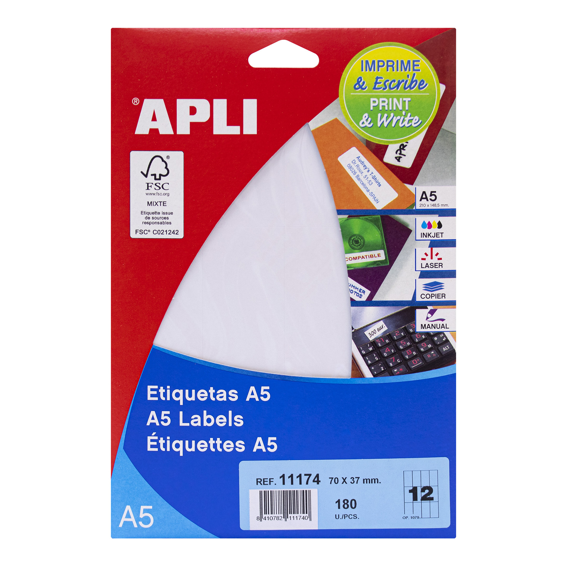 Apli A5 étiquettes blanches 70,0 x 37,0 mm 15 feuilles