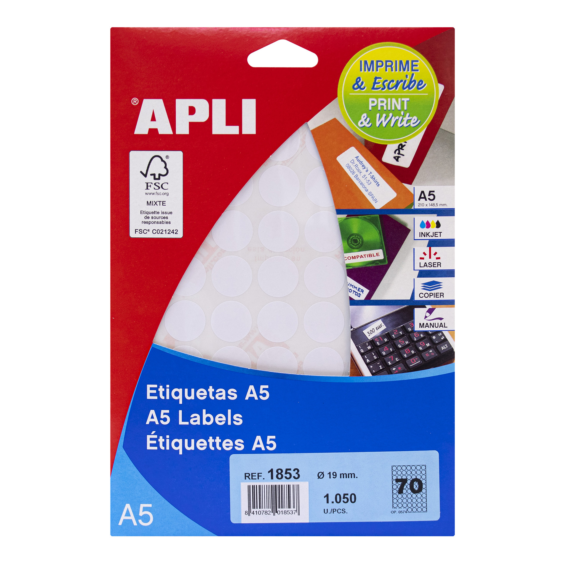 Apli A5 Etiquettes Blanches Ø 19.0mm 15 Feuilles