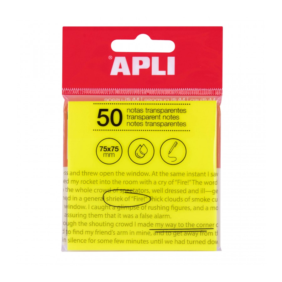 Apli Bloc Notes Adhésif Transparent 50 Feuilles 75x75mm - Pour Ecrire Sans Perdre la Visibilité du Texte ou de l'Image - Imperméable - Couleur Jaune