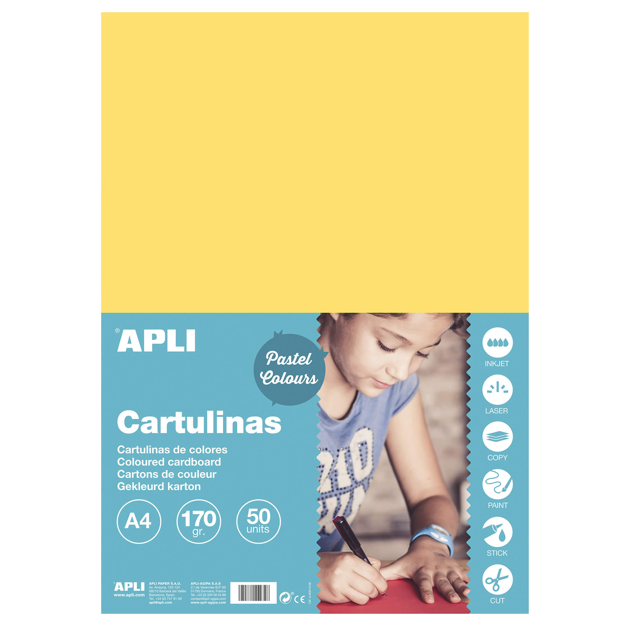 Apli Carton Jaune Clair A4 170g 50 Feuilles