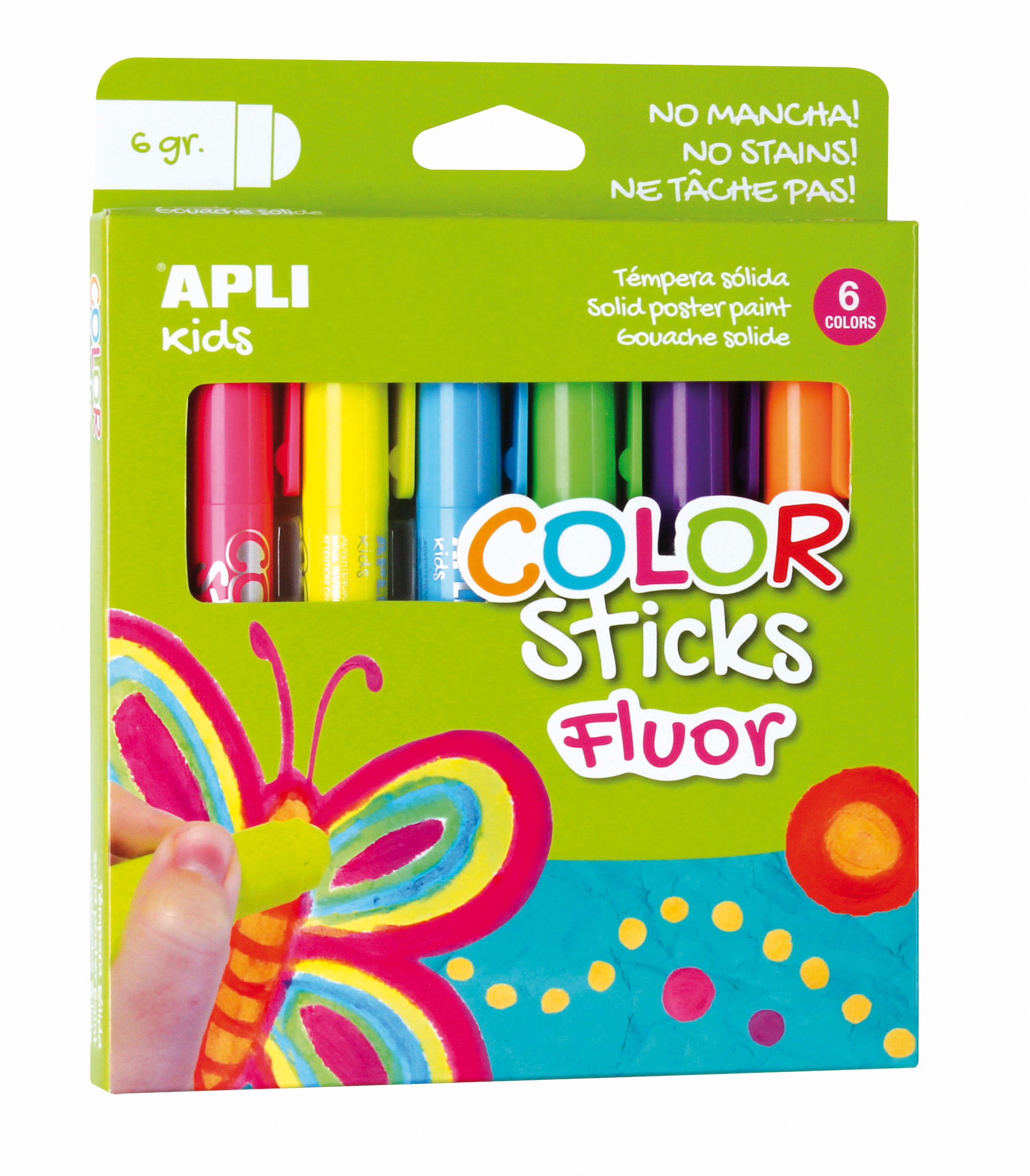 Apli Color Sticks Solid Fluorescent Temperas - Pack 6 Unités de 6g - Finition Satinée sans Nécessité de Vernis - Séchage Rapide en Moins de 3 Minutes - Effet Cire ou Tempera selon la Pression