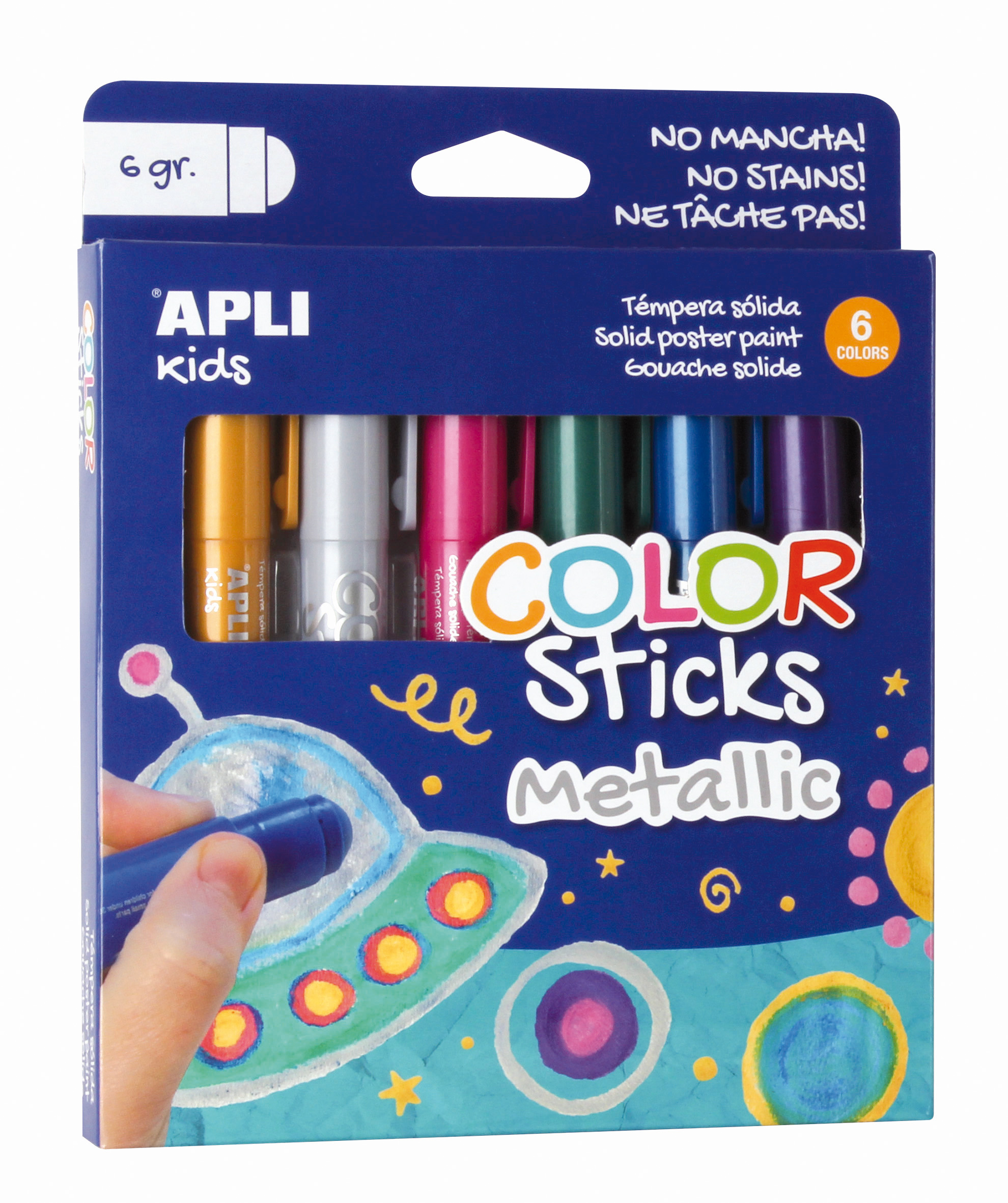 Apli Color Sticks Solid Temperas - Pack de 6 Unités de 6g de Couleurs Métallisées - Finition Satinée sans Nécessité de Vernis - Séchage Rapide en Moins de 3 Minutes - Effet Cire ou Tempera selon la pression exercée