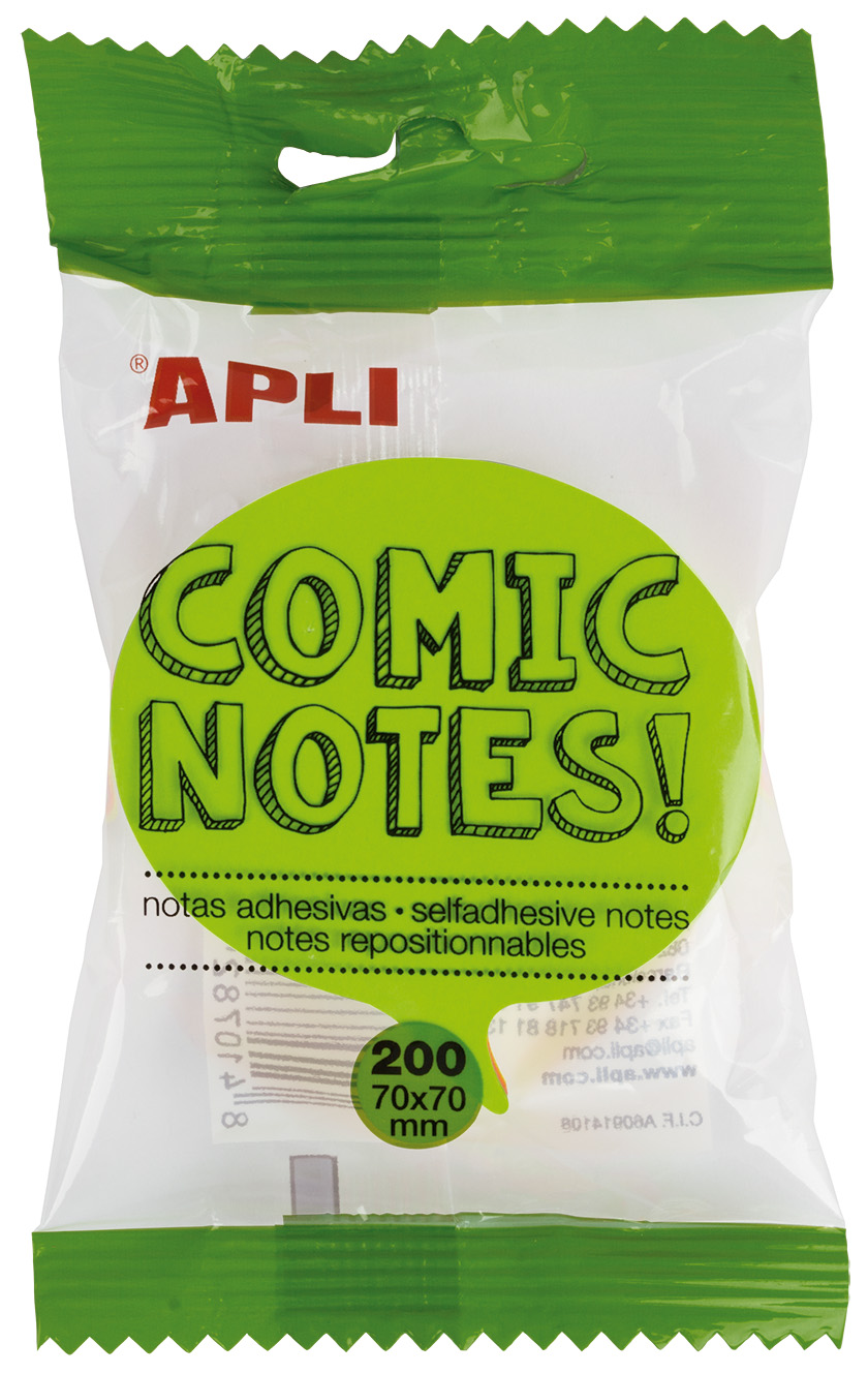 Apli Comic Notes Adhésives 70x70mm - Bloc 200 Feuilles - 4 Couleurs Assorties - Fluo