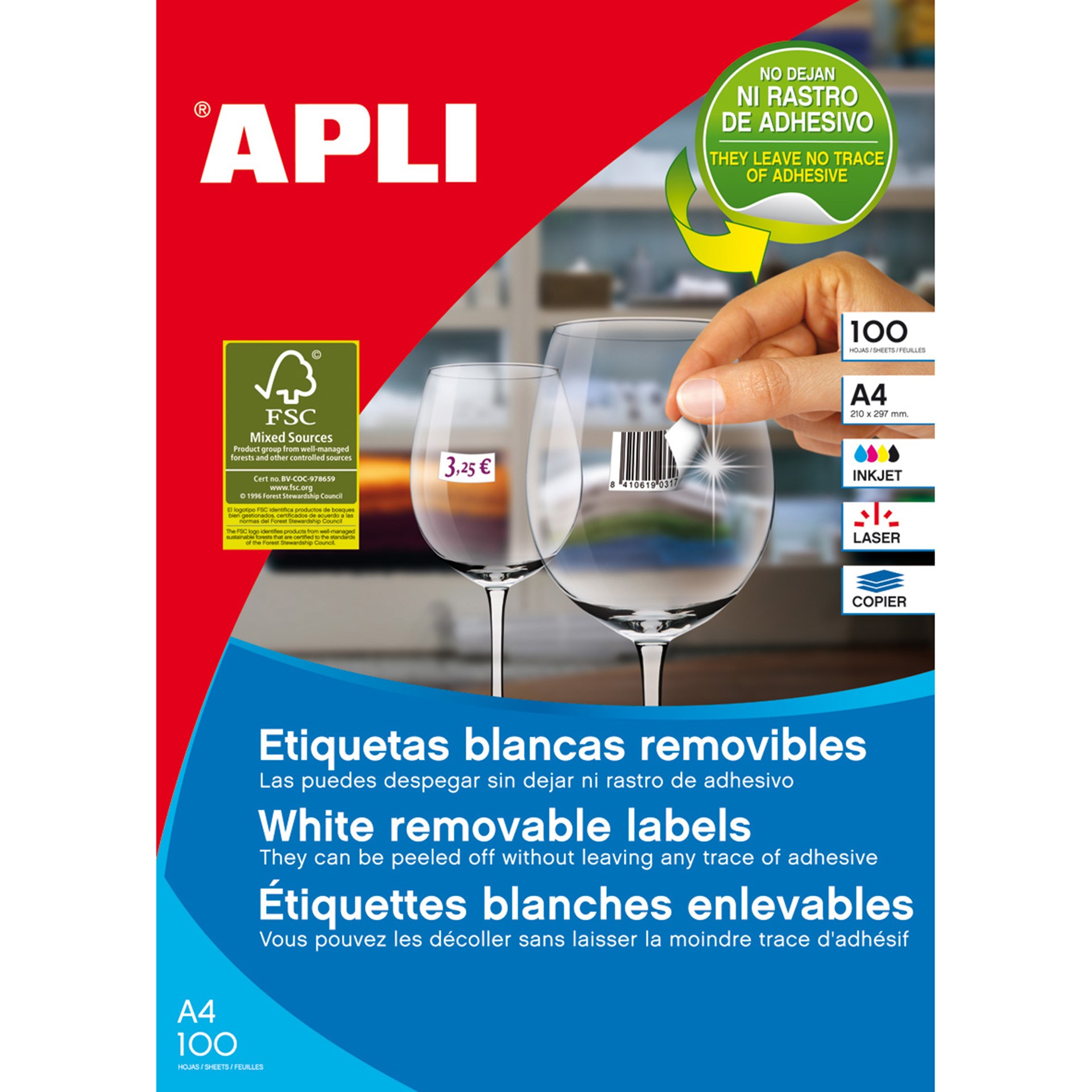 Apli Etiquettes Blanches Amovibles 105x148mm - Permet un Retrait sans Trace - 100 Feuilles