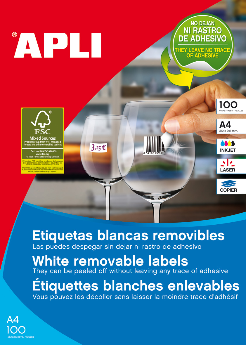 Apli étiquettes blanches amovibles 210,0 x 148,0 mm 100 feuilles